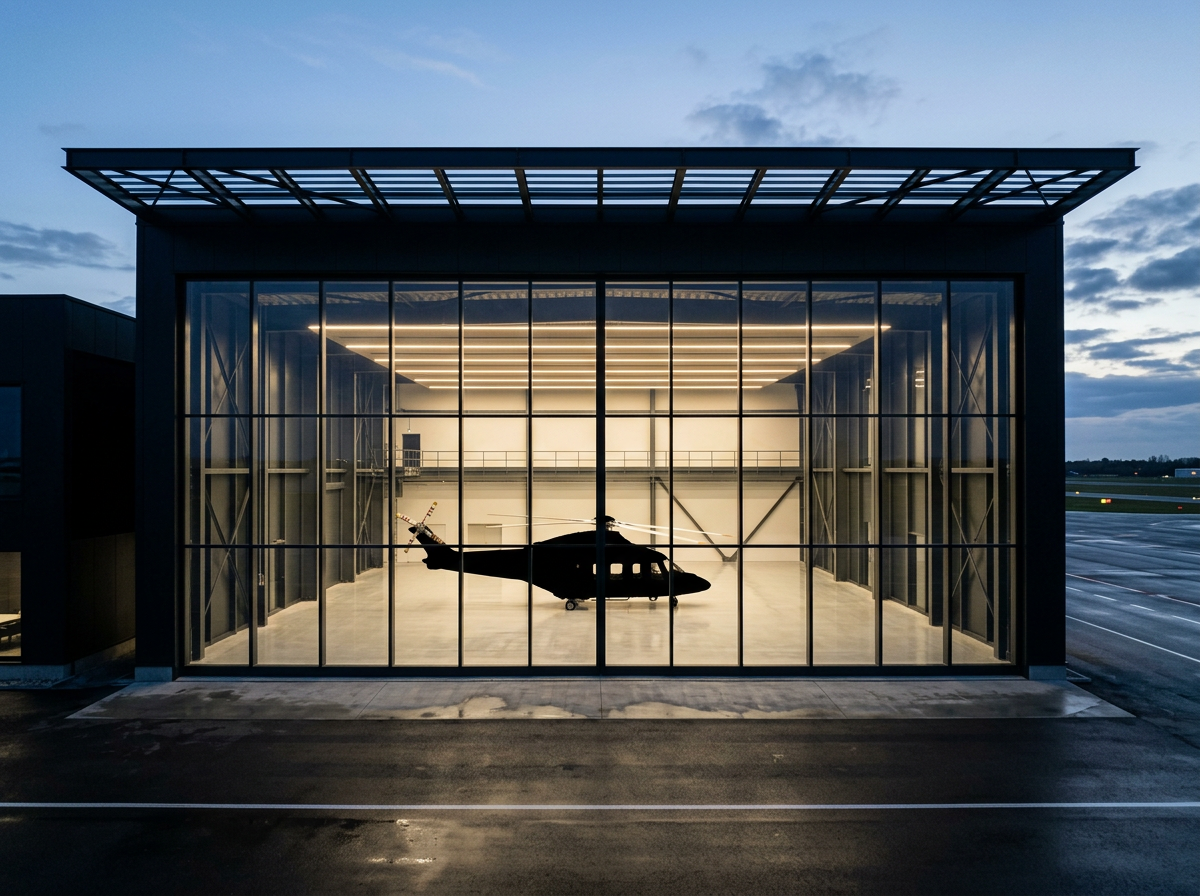 Clean architectural view of modern helicopter in hangar
