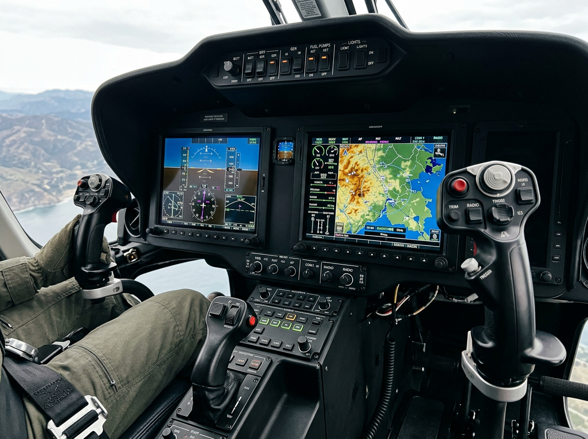 Close up detail of modern helicopter flight deck displays