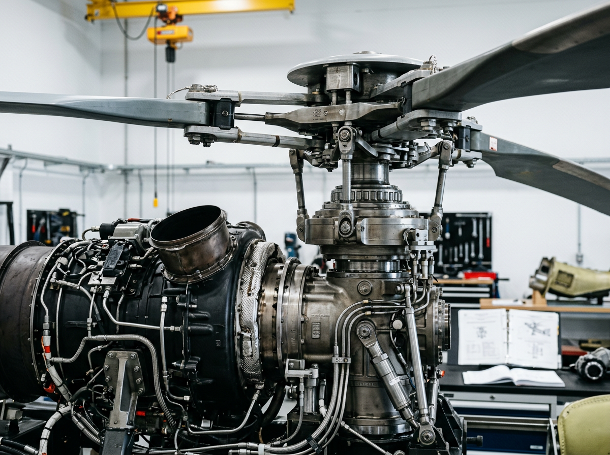 Close-up of helicopter rotor hub engineering