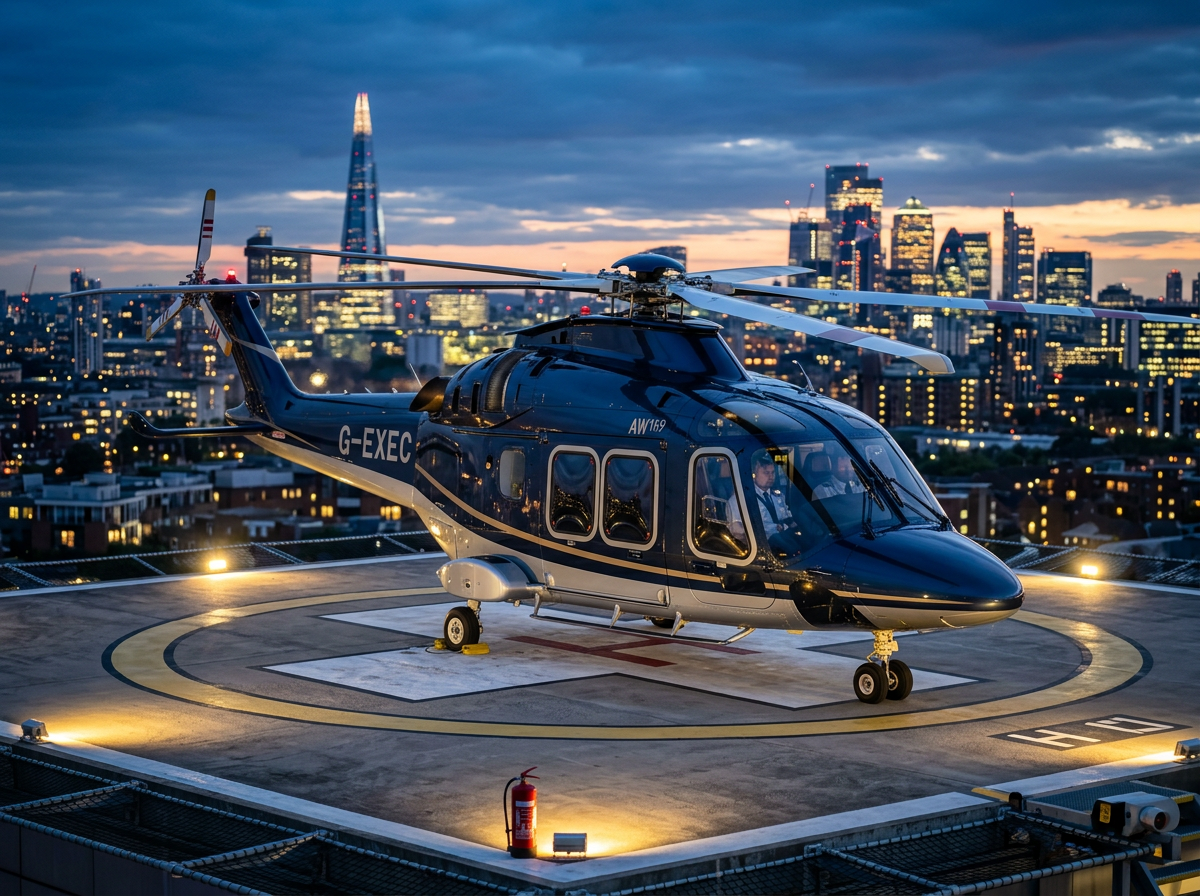 Executive helicopter standing ready on helipad